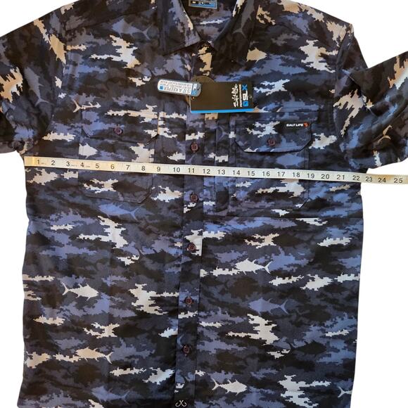 Salt Life SLX Fishing Shirt Stretch Flannel, Fish Camo Print NWT sz M Mesh Vents - Picture 6 of 13